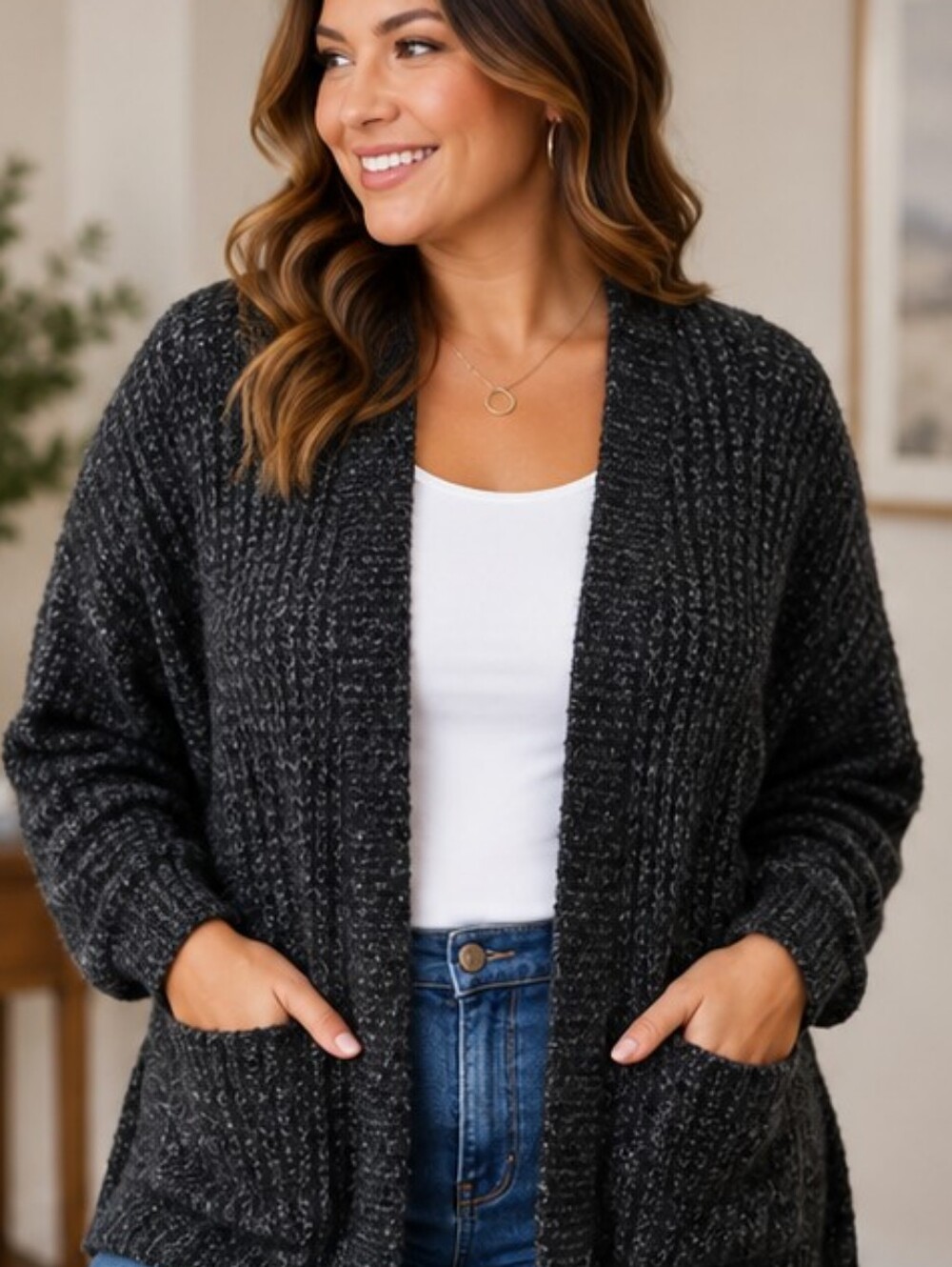 Ava & Viv 2X Open Front Cardigan Black Gray Metallic Knit Pockets - Picture 2 of 5
